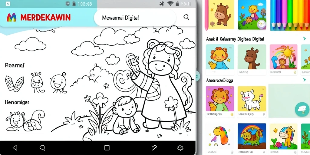 Tampilan antarmuka aplikasi MERDEKAWIN yang ramah anak untuk mewarnai.