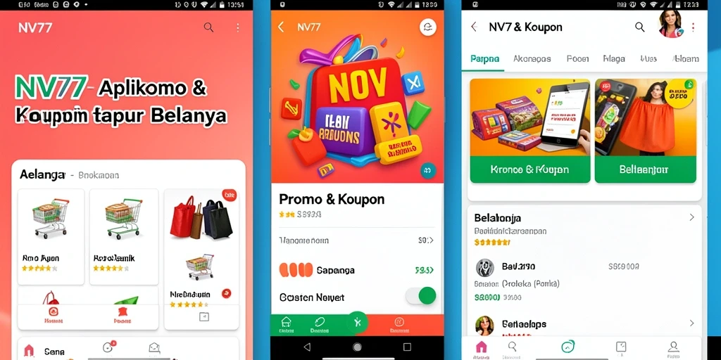 Antarmuka NV77 menampilkan berbagai penawaran menarik dan kupon yang mudah diakses.